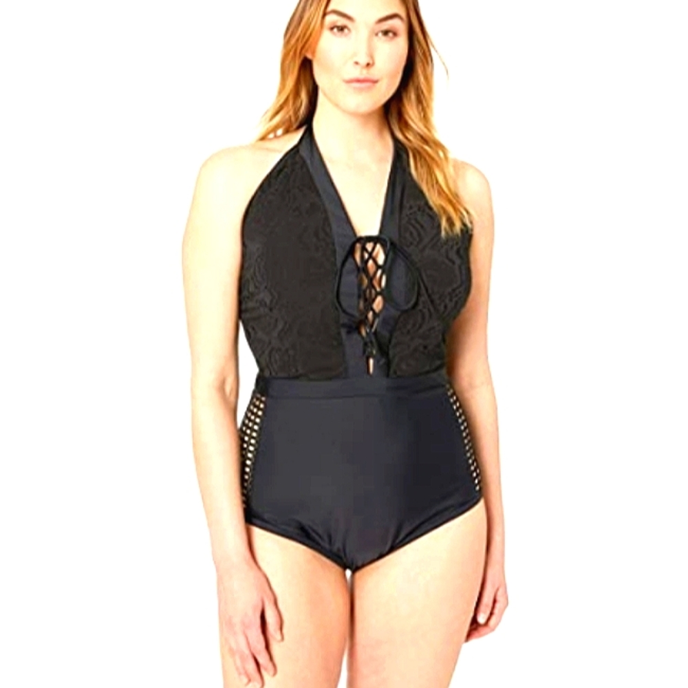 NWT COASTAL BLUE~Plus Size Halter Neck Lace Front Black Sexy Swimsuit~1X~